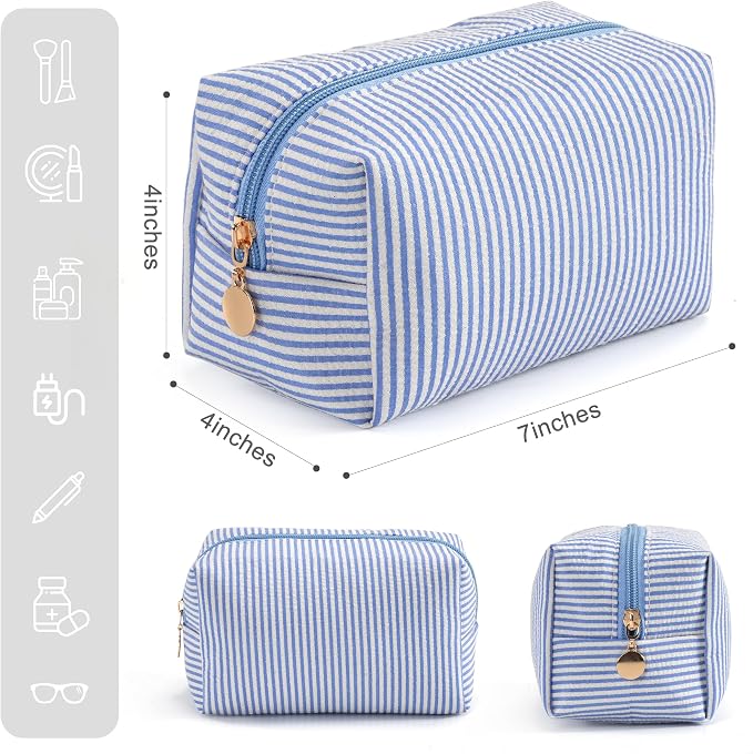 Makeup Bag Set for Women, 6PCS Travel Cosmetic Bags Pencil Case, Striped Seersucker Toiletry Organizer Pouches, Cute Makeup Pouch for Purse, Accessories and Gifts, Blue