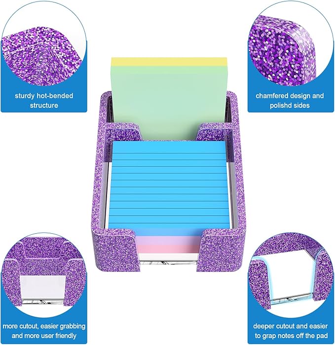 WINFFOR Acrylic Notepad Holder Dispenser - 3x3 in 2IN1 Sticky Note Memo Holder for Desk Organizer (W/O Pads) Office Desk Accessories School Supplies, Glitter Purple