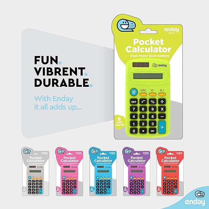 Calculator Green, Basic Small Solar and Battery Operated, Large Display Four Function, Auto Powered Handheld Calculator School and Kids Available in Blue, Red, Purple, Grey, Pink, 24 PK – by Enday