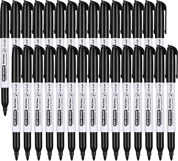 SFAIH Fine Tip Dry Erase Markers - 30 Pack Black Whiteboard Erasable Markers Bulk, Ideal for Classroom School Office Home Use on White Board, Non-Toxic Easy Clean