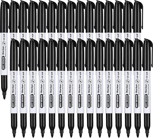 SFAIH Fine Tip Dry Erase Markers - 30 Pack Black Whiteboard Erasable Markers Bulk, Ideal for Classroom School Office Home Use on White Board, Non-Toxic Easy Clean