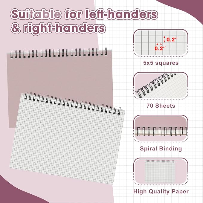 Resurhang 4 Pcs 8.66 x 11.69 Inch Top Bound Spiral Notebooks Horizontal A4 Office Steno Book 5mm-Squared Durable Spiral White Paper 70 Sheets for Business (Morandi)