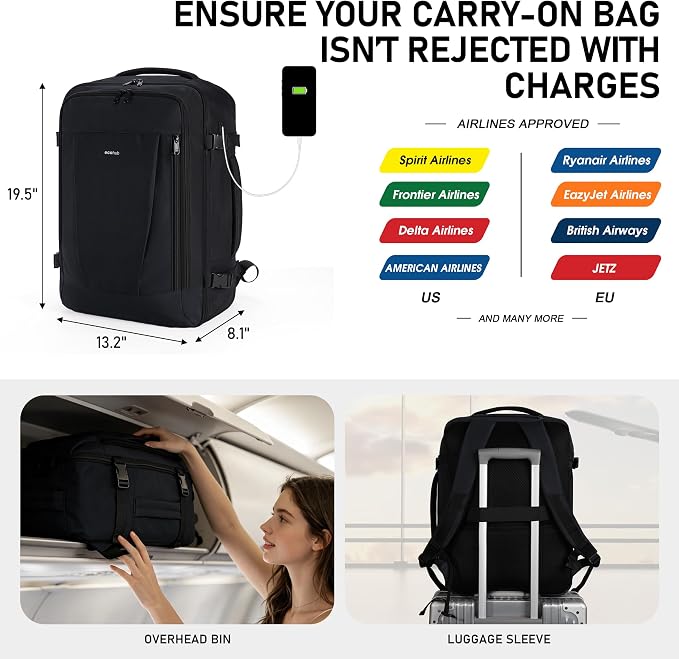 ECOHUB Extra Large Travel Backpack Carry on Backpack for Airplanes Black | 19.5x13x8 Laptop Backpack TSA Friendly 30L Backpack fits 17.3" Computer Airplane Travel Essentials Water Resistant Back pack