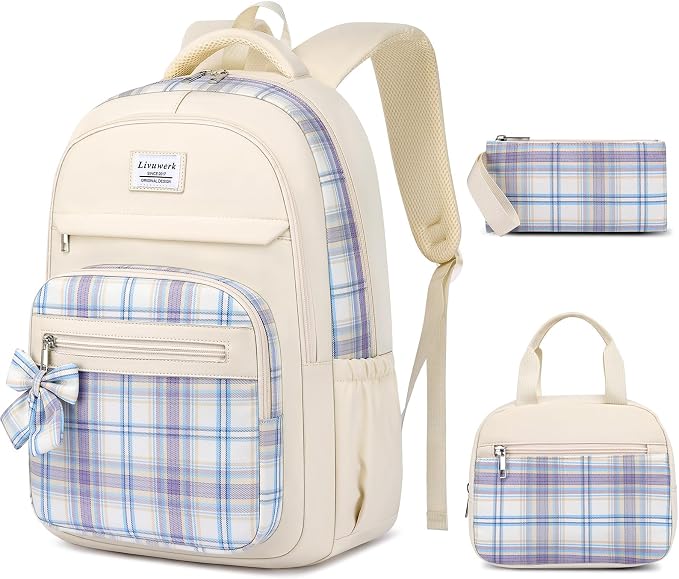 School Backpack for Teen Girls: Cute Bookbags Middle High School College Casual Back Pack 15.6 inch Laptop Backpacks Vintage Bags Women Travel Daypacks Mochilas Escolares 3Pcs Beige