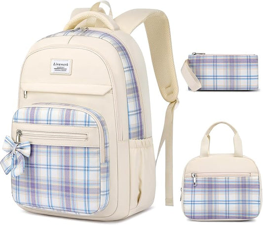 School Backpack for Teen Girls: Cute Bookbags Middle High School College Casual Back Pack 15.6 inch Laptop Backpacks Vintage Bags Women Travel Daypacks Mochilas Escolares 3Pcs Beige
