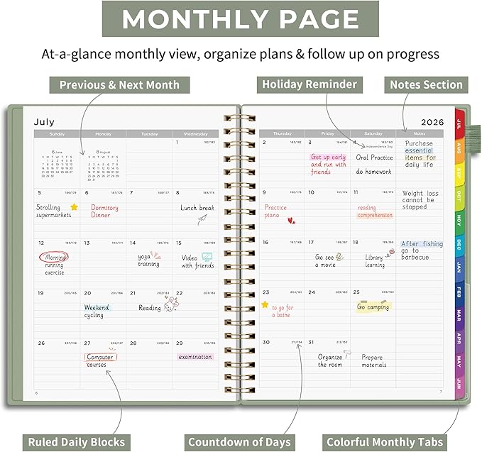 EMSHOI 2026-2027 Appointment Book, A4 15-Minute Hourly Planner, July 2026 - June 2027, Academic Planner Weekly and Monthly, 100GSM Thick Paper, Flexible Cover, Note Pages, Colorful Tabs, Light Green