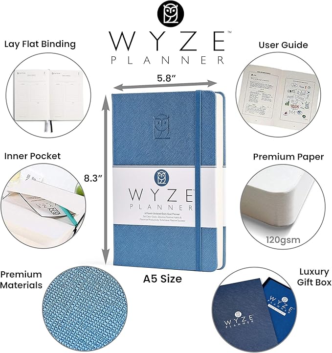 Wyze Planner Undated Daily Planner – 6-Month A5 Productivity Organizer with Full Page Per Day, ADHD Friendly, Hourly Schedule, Goal Setting, Habit Tracker, Weekly & Monthly Pages – Hardcover Time Management Notebook (Blue)