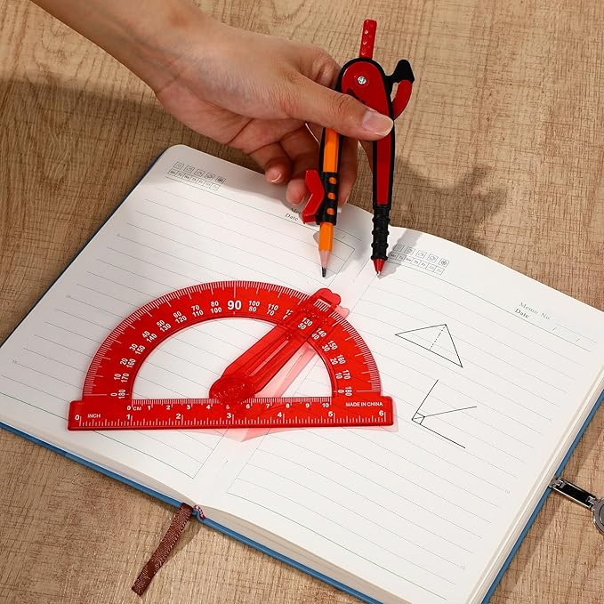 Zonon 2 Pcs Student Protractor and Compass, Student Geometry Math Set Drawing Compass and 180 Degree 6 Inch Protractor with Swing Arm for Drawing Measuring School Office (Red)