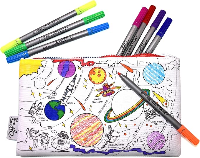 eatsleepdoodle DIY Coloring Solar System Pencil Case for Kids with 10pcs Washable Markers, Reusable Art Supply Organizer, Fun Arts & Crafts Activity for Boys & Girls, Creative Gift Idea for Ages