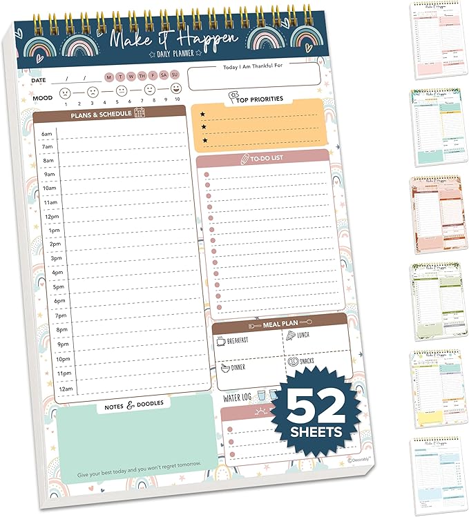 Decorably 52 Sheets Boho Rainbow Undated Daily Notepad - 6.5x10in Spring-Bound Planner, Easy Tear-Off, for Schedule, Priorities, to Dos, Agenda, Water Intake, Meals, Notes & Doodles - Home, Office