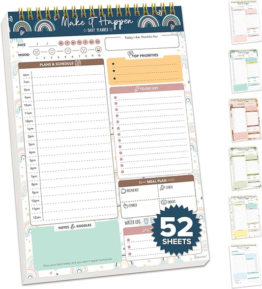 Decorably 52 Sheets Boho Rainbow Undated Daily Notepad - 6.5x10in Spring-Bound Planner, Easy Tear-Off, for Schedule, Priorities, to Dos, Agenda, Water Intake, Meals, Notes & Doodles - Home, Office