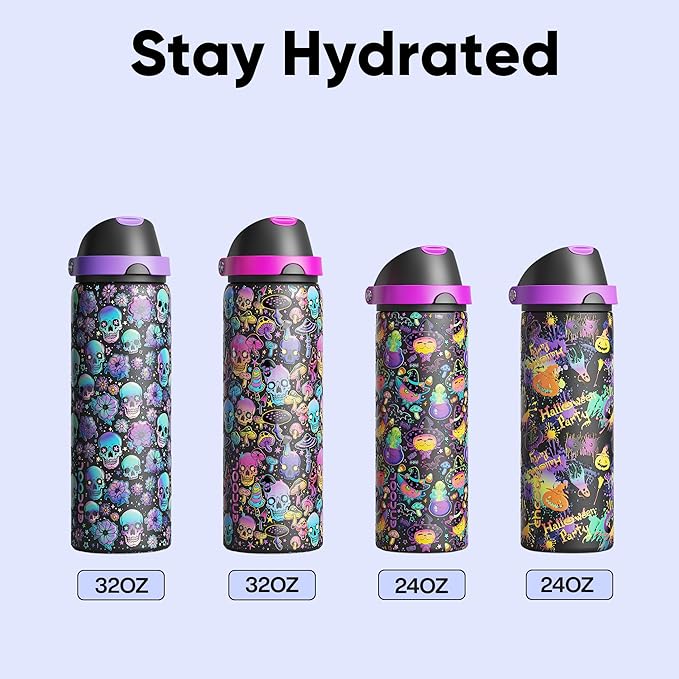 Insulated Water Bottle with Straw - Encool Stainless Steel Water Bottle with Push Button Lid, Leak-Proof & BPA-Free, Keeps Cold for 24 Hours for Sports, Travel, Gym (32 oz, Trippy Skulls)