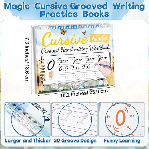 gisgfim Grooved Cursive Handwriting Workbook Magic Reusable Grooved Cursive Handwriting Practice Guided Tracing with Disappearing Ink Pens for Beginners Kids Learning Activities Supplies (Number)