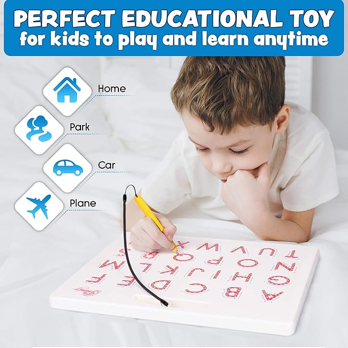 Povitrulya Magnetic Alphabet Tracing Board - double-sided upper & lower case Magnetic Drawing Board, ABC magnets for learn to write with magnetic pen, STEM toy letters learning, good for homeschooling