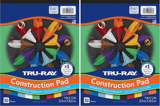 Tru-Ray® Heavyweight Construction Paper Pad, 10 Assorted Colors, 9" x 12", 50 Sheets (Pack of 2)