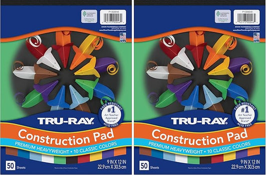 Tru-Ray® Heavyweight Construction Paper Pad, 10 Assorted Colors, 9" x 12", 50 Sheets (Pack of 2)