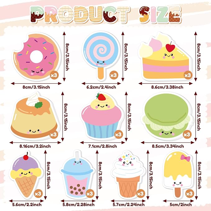 Xqumoi 30 Pack Sweet Treat Sticky Notes - Dessert Self Sticky Notepads Ice Cream Cupcake Cute Writing Memo Pads for Office School Class Student Kids Gift Birthday Party Favors Goodies Bag Fillers