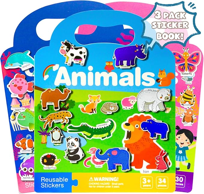 Reusable Sticker Books for Toddlers 1-3, Puffy Stickers Book for Kids Ages 2-4, Toddler Travel Essential Activities Toys for Boys Girls Birthday Christmas - Animal, Ocean and Insect (3 Set)