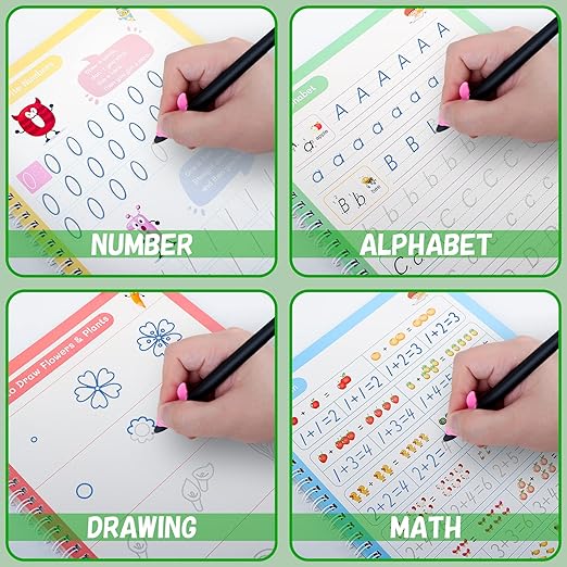 Large Magic Ink Practice Copybook for Kids, Reusable Handwriting Workbooks for Preschools, Tracing Letter Writing Book with Pen Refill and Handwriting Aid(4book+2 Pen+10 Pen Refill)