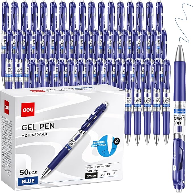 deli Gel Pens, 50 Pcs 0.7mm Retractable Pens Blue Ink | Medium Point Pen , Smooth Writing, Fast Dry, No Bleed for Journaling Note Taking, Home School Office Supplies