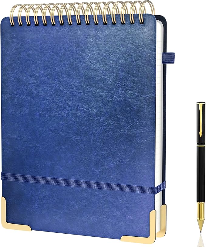 A4 Top Spiral Notebook, Large Leather Hardcover Top Bound Steno Pads, 240 Pages 100 gsm Thick Lined Paper Left Handed Notebook Journal for Work, School, Meeting Writing - Navy Blue, 8.5" x 11"