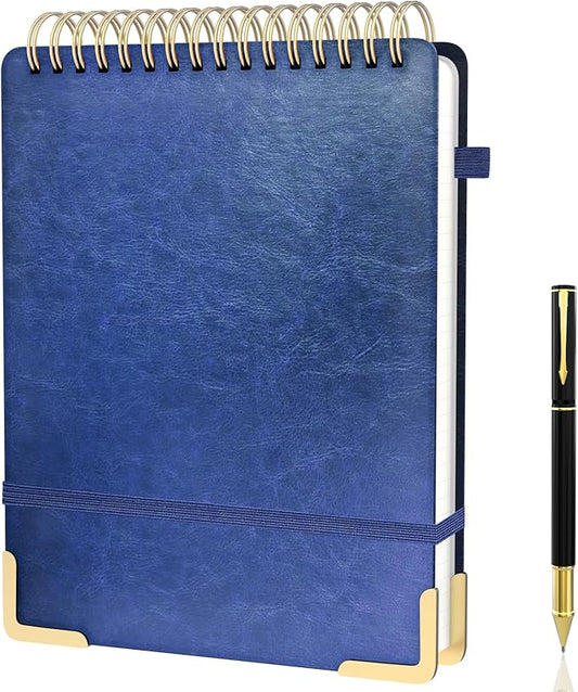 A4 Top Spiral Notebook, Large Leather Hardcover Top Bound Steno Pads, 240 Pages 100 gsm Thick Lined Paper Left Handed Notebook Journal for Work, School, Meeting Writing - Navy Blue, 8.5" x 11"