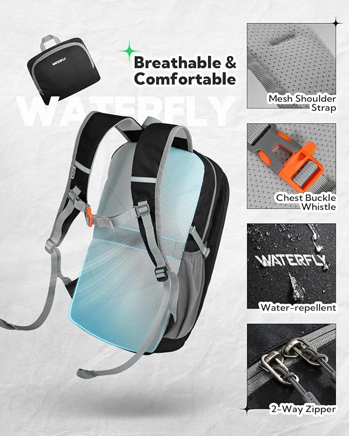 WATERFLY Lightweight Packable Backpack, 25L Small Foldable Travel Daypack | Large Opening Pocket with Luggage Strap, Breathable Back Pad, Easy to Fold, Compact Day Pack for Hiking Outdoor