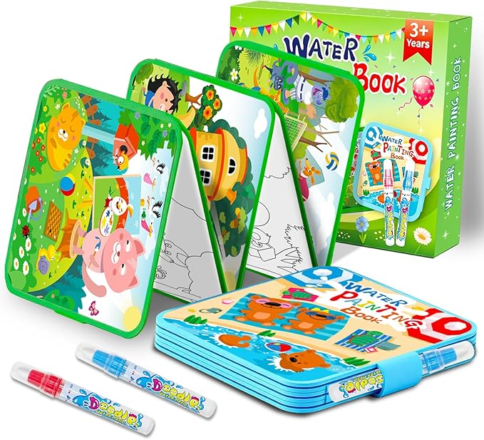Elfew Water Painting Book for Toddlers 1-3,Mess Free Coloring for Toddlers,2 Pack Reusable Water Coloring Books with Water Pens,Magic Doodle Books