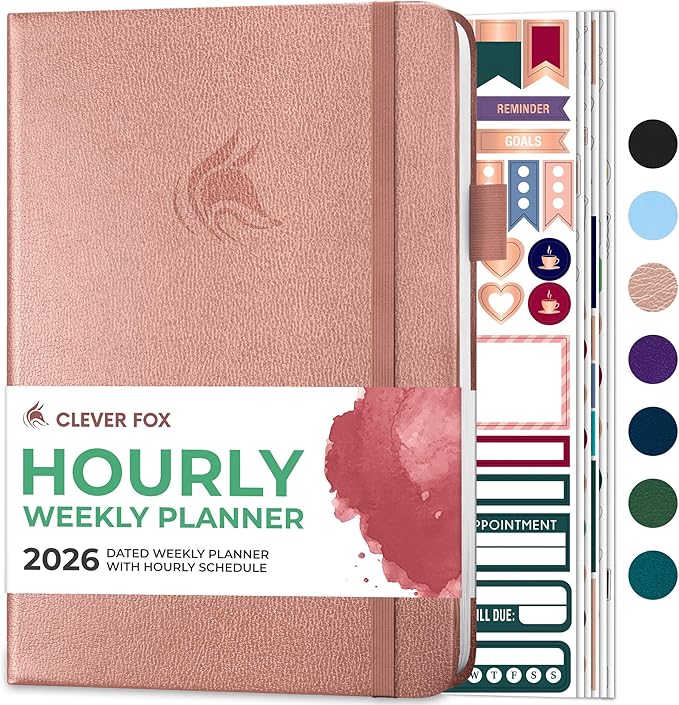 Clever Fox Dated Hourly Weekly Planner 2026 – Daily, Monthly & Yearly Agenda Organizer with Time Slots – Hardcover Journal, A5 Size (Rose Gold)