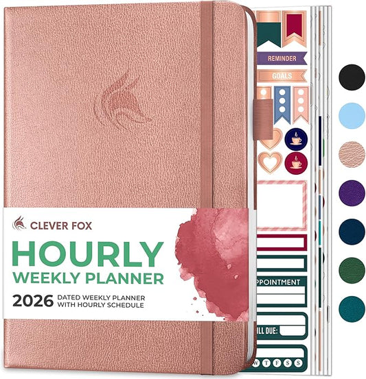 Clever Fox Dated Hourly Weekly Planner 2026 – Daily, Monthly & Yearly Agenda Organizer with Time Slots – Hardcover Journal, A5 Size (Rose Gold)