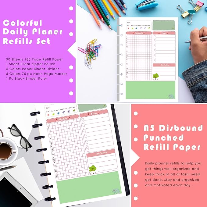 Rancco Junior Daily Planner Refills, 180 Pages 8 Hole Punched Half Letter Binder Paper Inserts w/Index Tabs, Index Dividers, Loose-Leaf Pocket, Ruler For Circa, Arc, TUL, Happy Planner, 5.5x8.5"