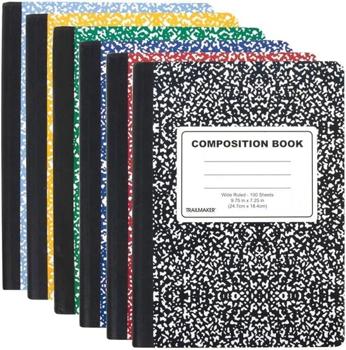 Trail maker 5 Pack Composition Notebooks Colored, Wide Ruled Marble Cover, 200 Pages (100 Sheets), 9.75 x 7.25, Bulk School Supplies for Classroom, Office & School Donations