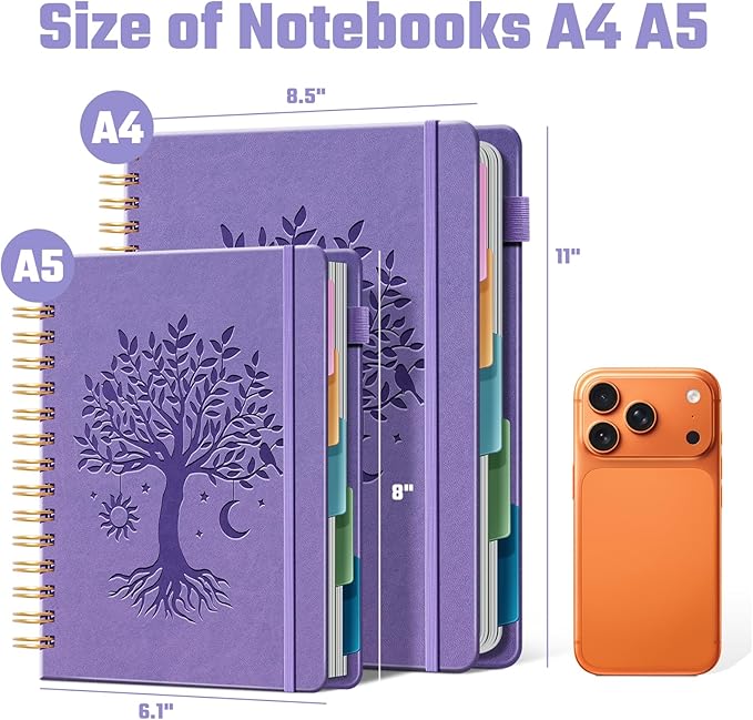Ovesmusl Hardcover Spiral Notebook 6.1" x 8.4" with 5 Removable Dividers 300 Pages Leather 5 Subject Notebook College Ruled 100GSM Large Spiral Notebooks for Work Thick Lined Journal for Women, Purple