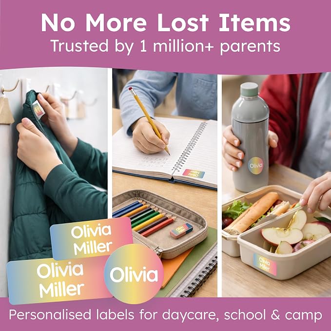Personalized Daycare Name Labels for Kids [70pcs, Multicolor] - Waterproof Name Stickers for School, Baby Bottles & Clothing - Custom Name Stickers - Washable Stick On Labels (Various Sizes)