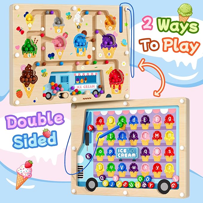 2 in 1 Magnetic Color and Number Maze Double-Sided ABC Alphabet Puzzles Board Magnet Dinosaur Counting Maze Preschool Learning Montessori Education 3 4 5 Years Toys (Ice Cream, One Size)