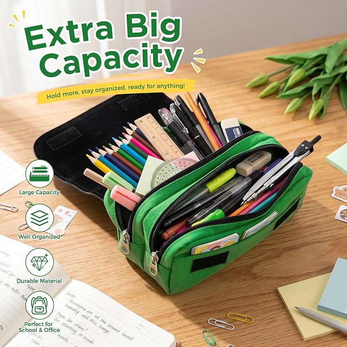 Large Pencil Case Cute Pencil Pouch Green Pen Bag Waterproof Pencil Box with Zipper for Boys Girls Back to School Supplies