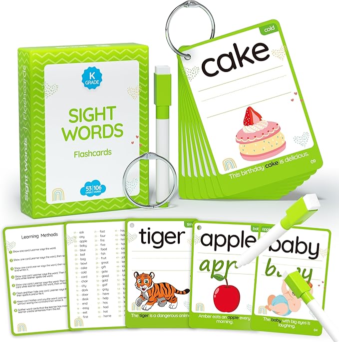 WJPC 55 Cards, 106 PCS High Frequency Sight Words Flash Cards (Kindergarten), Toddler Flash Cards for Kids Ages 4,5,6,7 Years. Learn to Read, Write, Sentence-Making