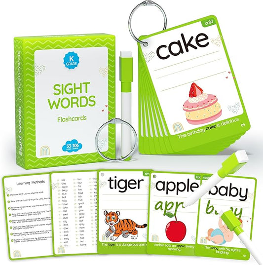 WJPC 55 Cards, 106 PCS High Frequency Sight Words Flash Cards (Kindergarten), Toddler Flash Cards for Kids Ages 4,5,6,7 Years. Learn to Read, Write, Sentence-Making