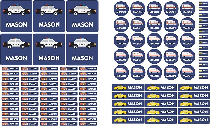 Andaz Press Custom Personalized Waterproof School Name Labels, Fire Truck Police Car School Bus, 120-Pack, Kids Labels Combo Pack, Customizable Multi-Use Name Stickers for Preschool, Daycare, Supplies