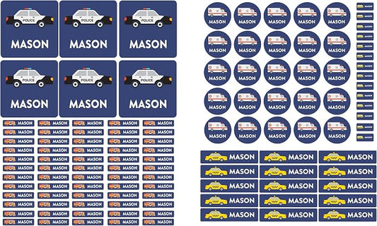 Andaz Press Custom Personalized Waterproof School Name Labels, Fire Truck Police Car School Bus, 120-Pack, Kids Labels Combo Pack, Customizable Multi-Use Name Stickers for Preschool, Daycare, Supplies