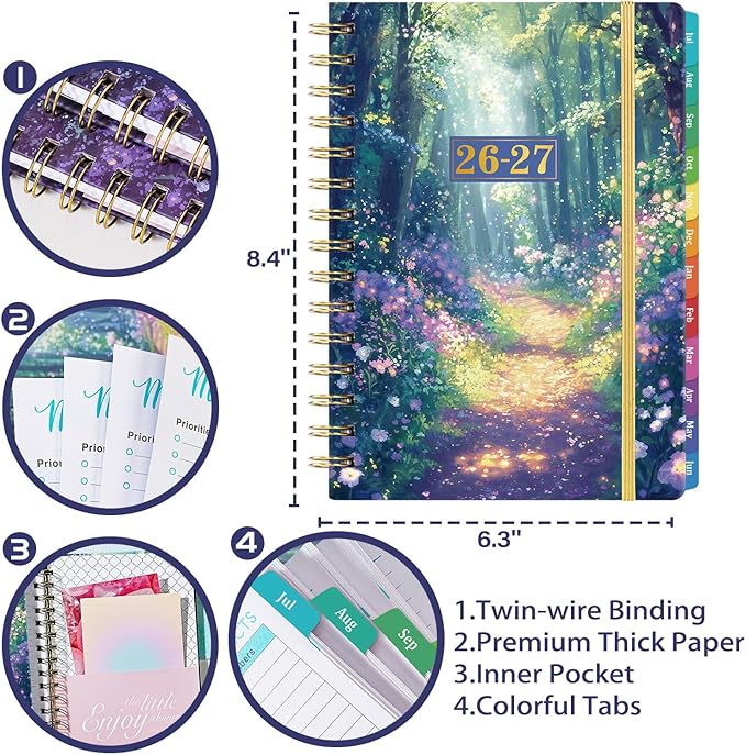 Planner 2026-2027 - Academic Planner 2026-2027 from Jul.2026 - Jun.2027, 8.5'' X 6.4'', Weekly Monthly Planners 12 Month with Colorful Tabs, Back Pocket - Forest Path