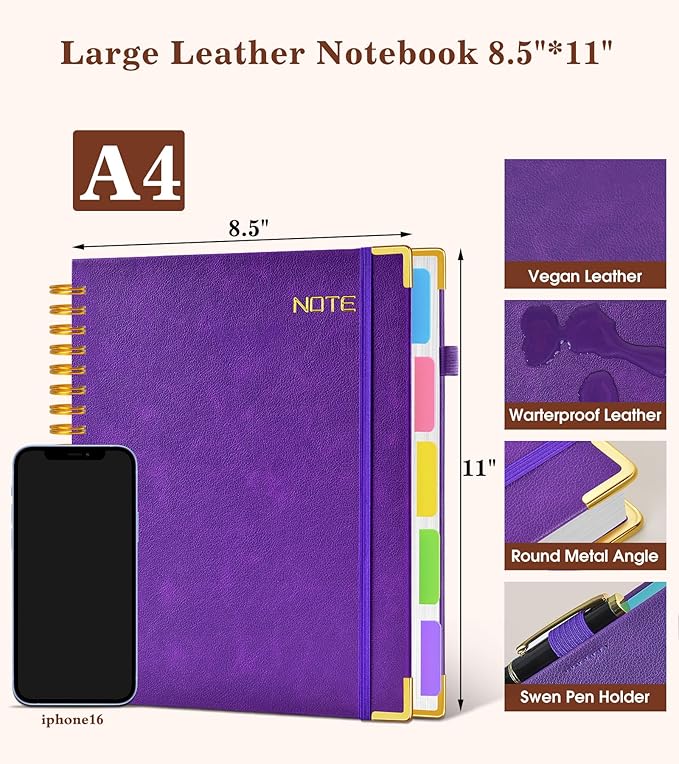 Hardcover Large Spiral Notebook 8.5" x 11" with Removable Dividers Tabs, 300 pages Leather 5 Subject Notebook College Ruled, A4 Journal for Women Men, Notebooks for Work School Note taking,Purple