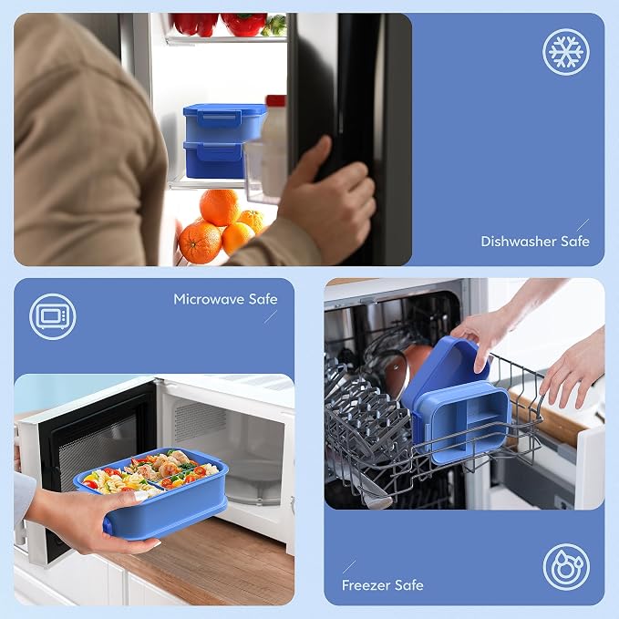 Jelife Adult Bento Lunch Box - 3 Layers Stackable Bento Lunch Box for Adults, 72oz Large All-in-One Bento Box Leak-Proof Lunch boxes with Utensil Sauce Containers, Ideal for Dining Out,Work, Blue