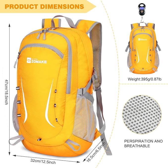 ZOMAKE Lightweight Packable Backpack 35L, Foldable Backpacks Water Resistant Collapsible Light Daypack for Hiking(Yellow) | Light Hiking Backpacks Water Resistant Collapsible Day Pack for Travel, Everyday Carry, Multi-Pocket Layout, Heavy Duty Nylon