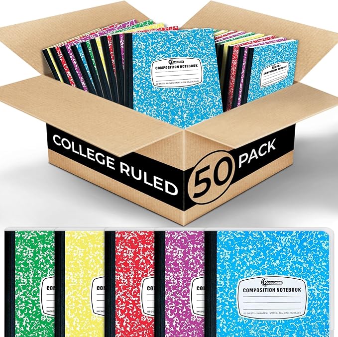 Rosmonde 50 Pack, Bulk Composition Notebooks, College Ruled Notebook, 200 Pages (100 Sheets), 9-3/4 x 7-1/2, Hard Cover Binding, Back to School Supplies, Bulk Notebooks for School, Office Notebooks