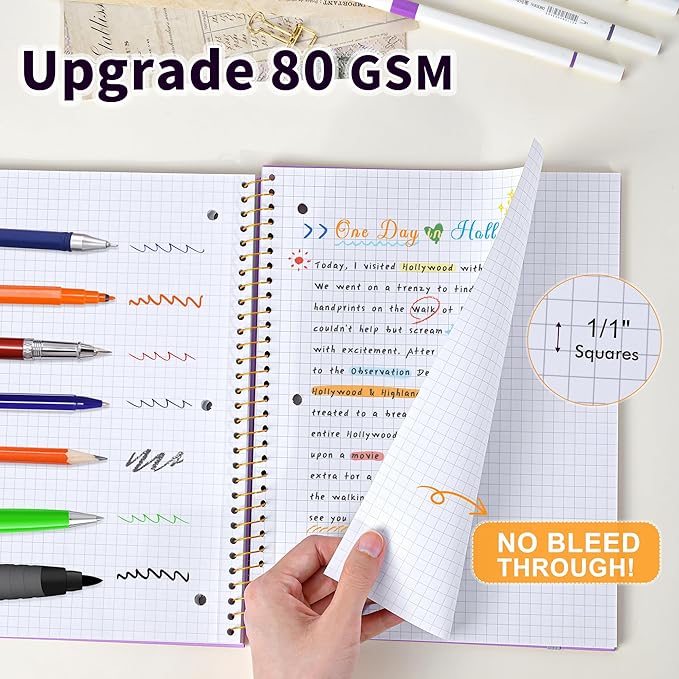MUAHLIUB Graph Paper Notebook,1 Subject 80GSM Thick Grid Paper Notebook 8" x 10-1/2",Hardcover Spiral Notebooks for School Work Women Men, Graphing Notebook Journal for Writing,3-Hole Punched Purple