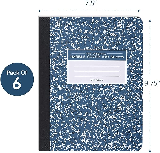 ROARING SPRING Hard Cover Composition Notebook, 6 Pack, Blue Marble Comp Book, 9.75″ x 7.5″, Unruled Blank Paper, 100 Sheets (200 Pages), Made in USA