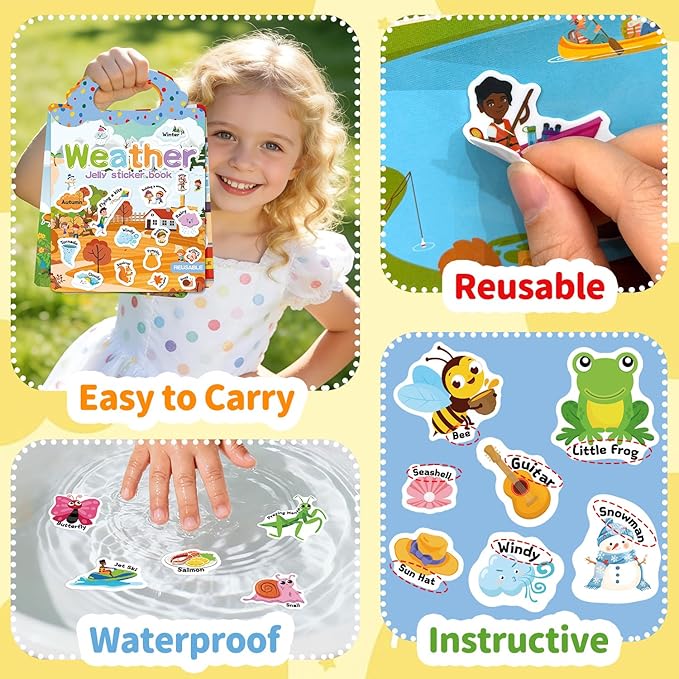 3 Sets Reusable Sticker Book for Toddlers 3-6, Jelly Sticker Books for Toddler, Travel Sticker Activity Toys for Kids 3 4 5 6 Years Old Girls & Boys（Supermarket + Picnic + Kitchen）