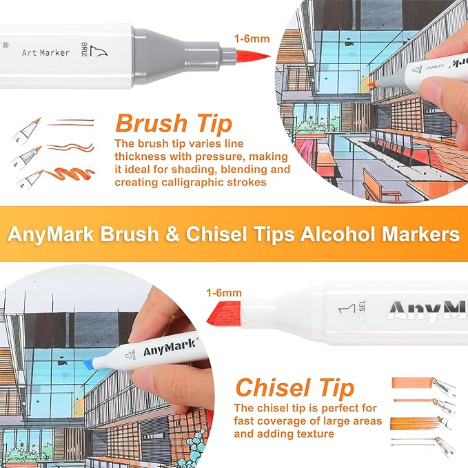 AnyMark Alcohol Markers Brush Tip, 120+1 Colors Dual Tip Brush & Chisel Alcohol-Based Art Markers Set with Case for Adult Artists Drawing Coloring