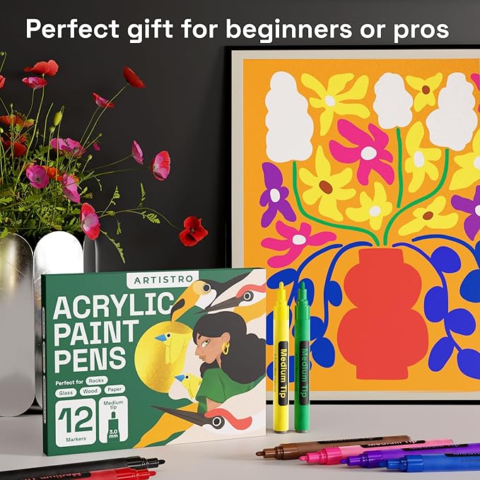 ARTISTRO 12 Acrylic Paint Pens for Calligraphy – Markers With Medium Precision Tips – Multisurface Painting for Fabric, Rock, Glass, Wood & More